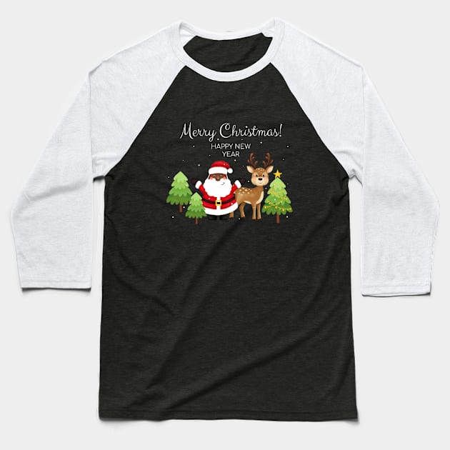 Merry christmas and happy new year greeting card. Black santa, deer, trees, stars, snow. African American Santa. Baseball T-Shirt by IriSev